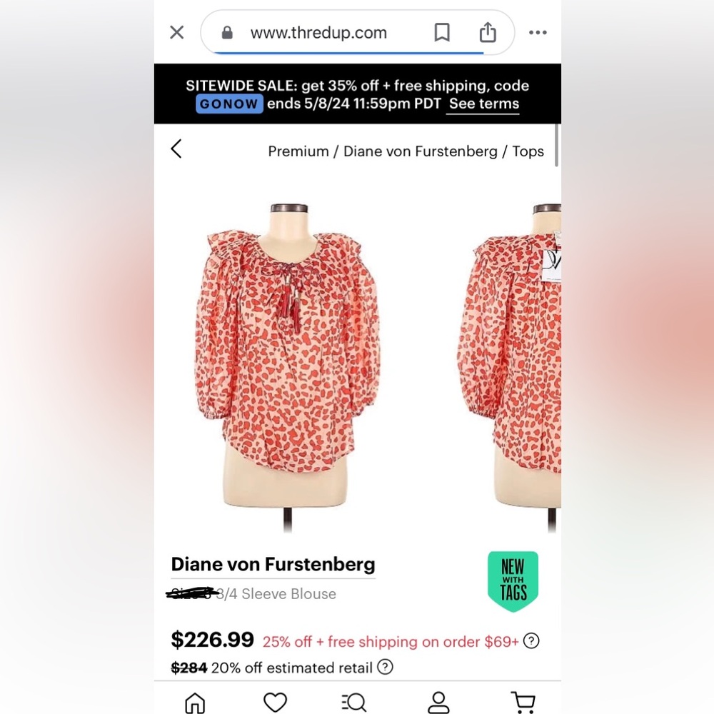 Diane von Furstenberg
Size 2  3/4 Sleeve Blouse